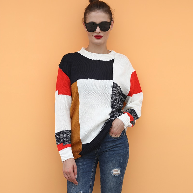 Multicolor Patchwork Pullover Knitted Sweater - Waky